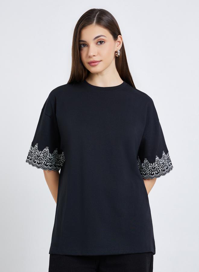 Styli Women Black Embroidered Sleeve Oversized T-Shirt - Image 1